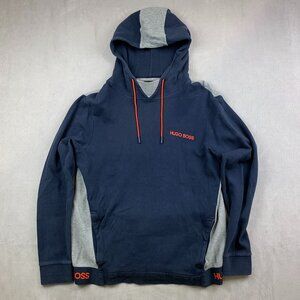 Hugo Boss Mens Sweater XL Blue Colorblock Hoodie Long Sleeve Pullover Spell Out